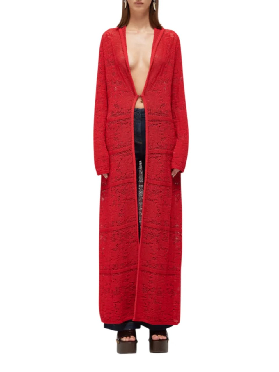 Blugirl Open-Knit Long V-Neck Cardigan Rood