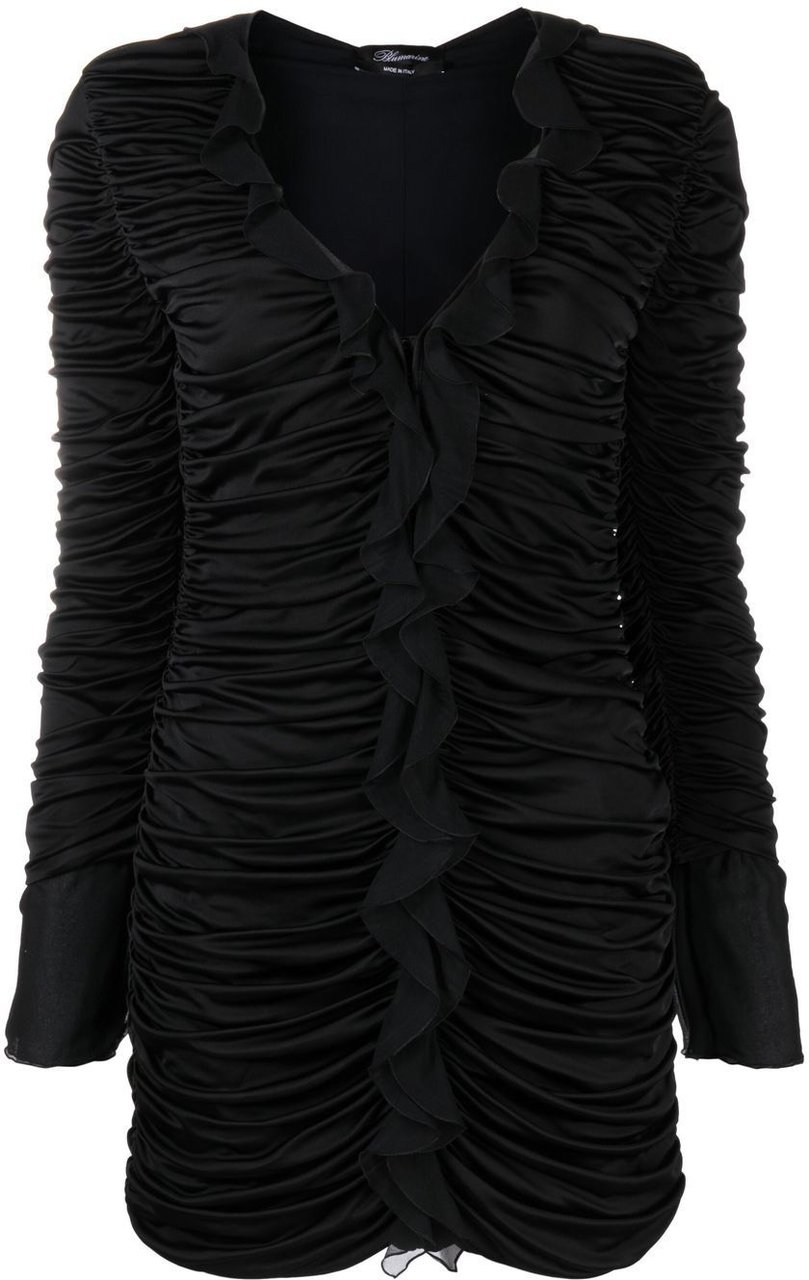 Blumarine Plisse Jersey V-Neck Asymmetrical Dress Zwart