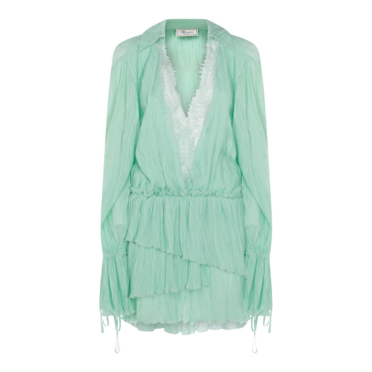 Blumarine Pleated V-Neck Mini Dress with Lace Trim Blauw