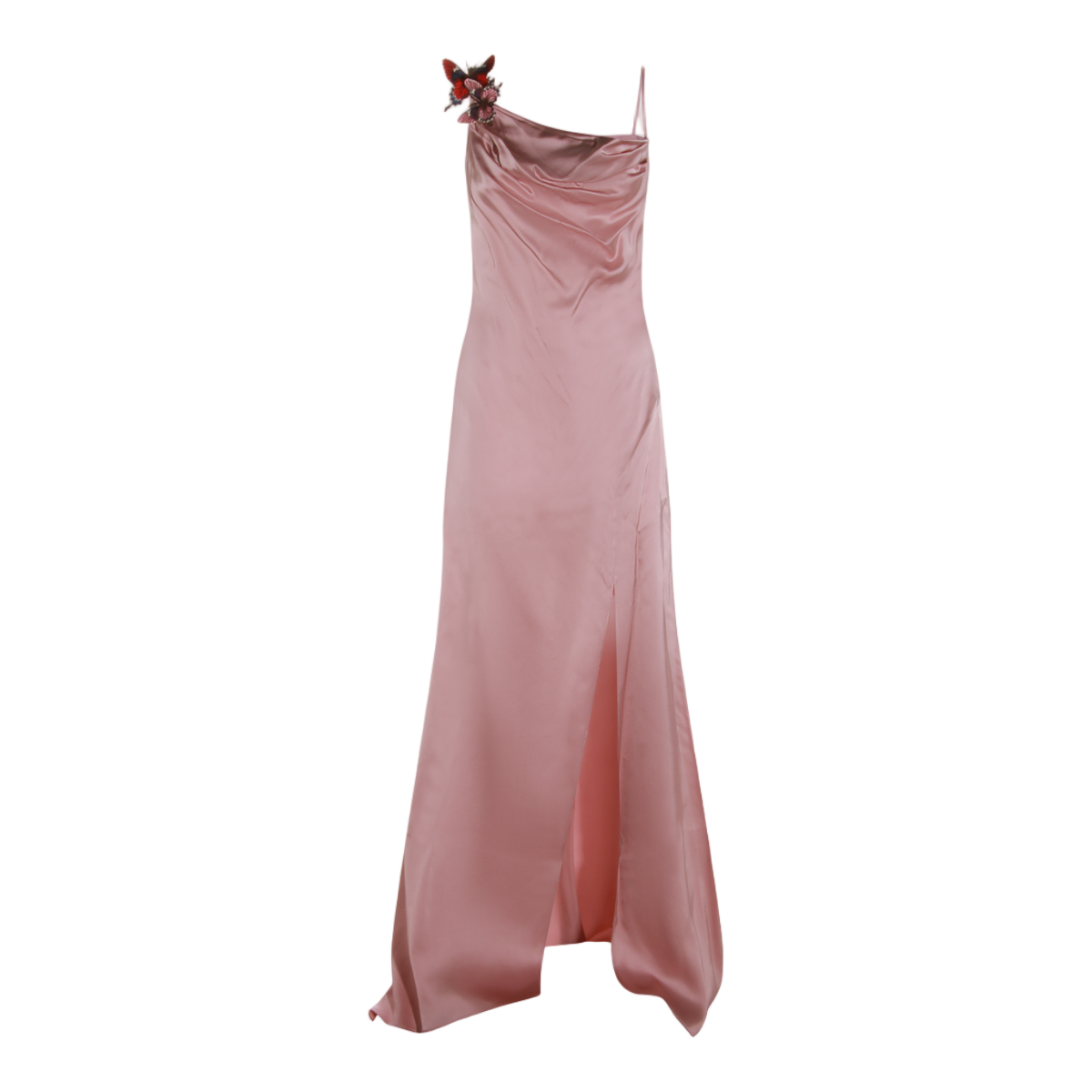 Blumarine Floor-Length One-Shoulder Evening Dress with Butterfly Embellishments Roze