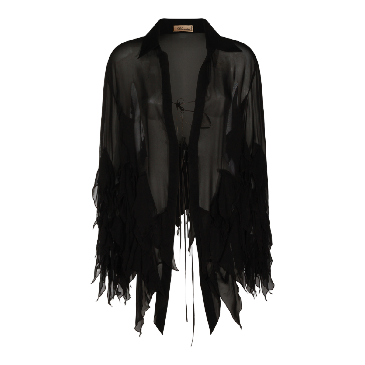 Blumarine Flowing Black Sheer Top with Ruffled Detail Zwart