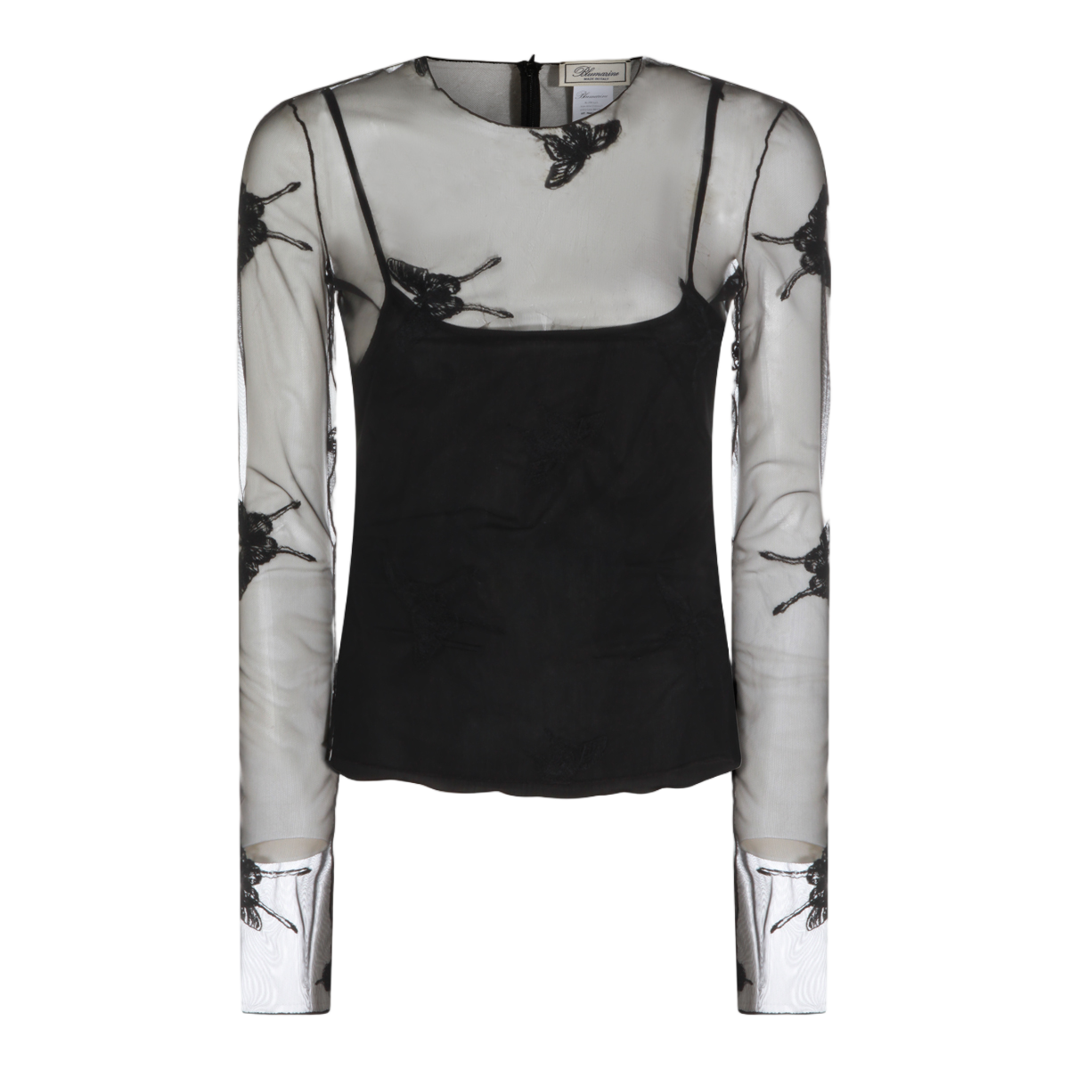 Blumarine Sheer Long-Sleeve Top with Butterfly Embroidery and Camisole Layer Zwart