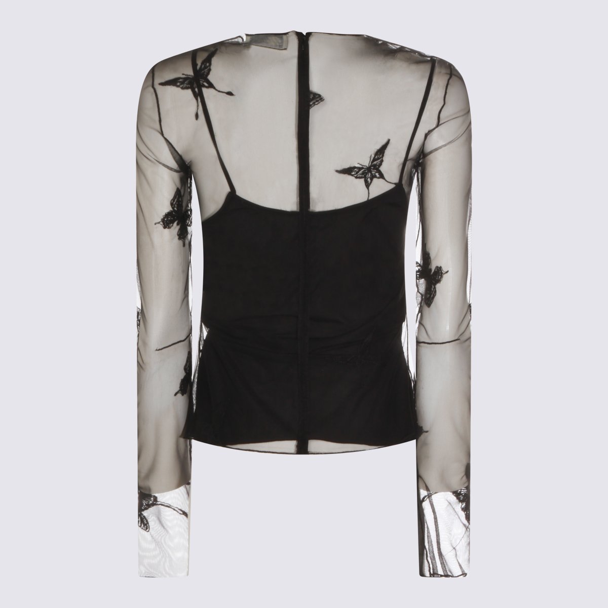 Blumarine Sheer Long-Sleeve Top with Butterfly Embroidery and Camisole Layer Zwart
