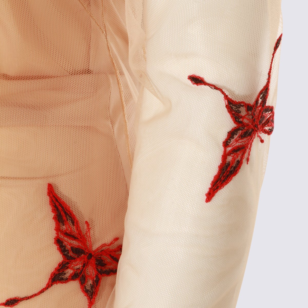 Blumarine Long-Sleeved Sheer Mesh Top with Embroidered Butterflies Neutraal