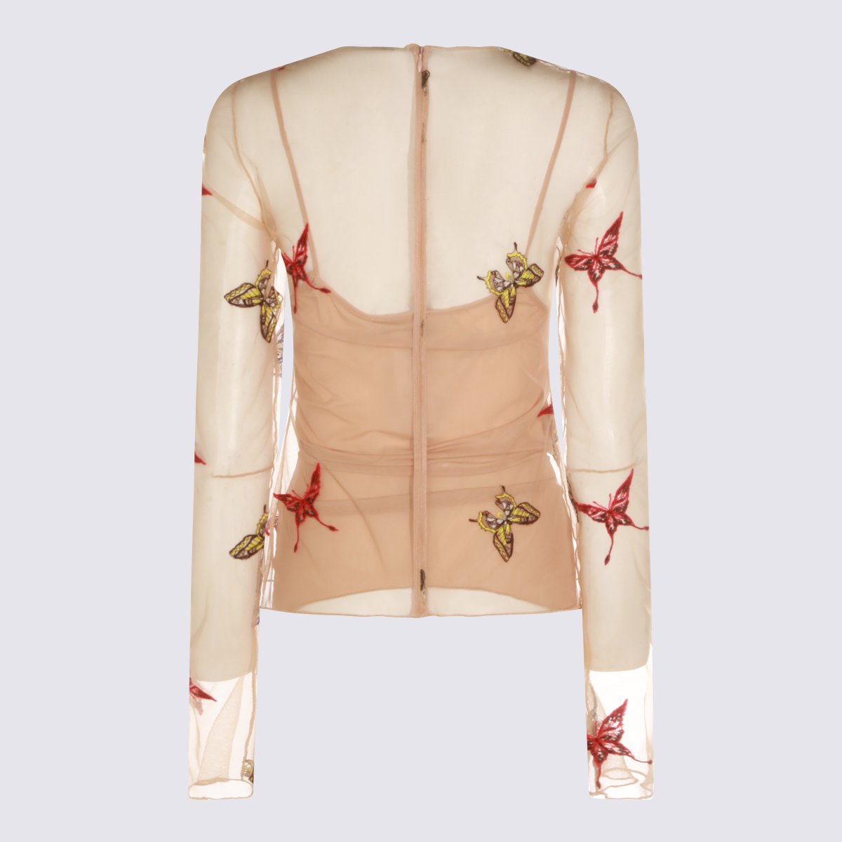 Blumarine Long-Sleeved Sheer Mesh Top with Embroidered Butterflies Neutraal