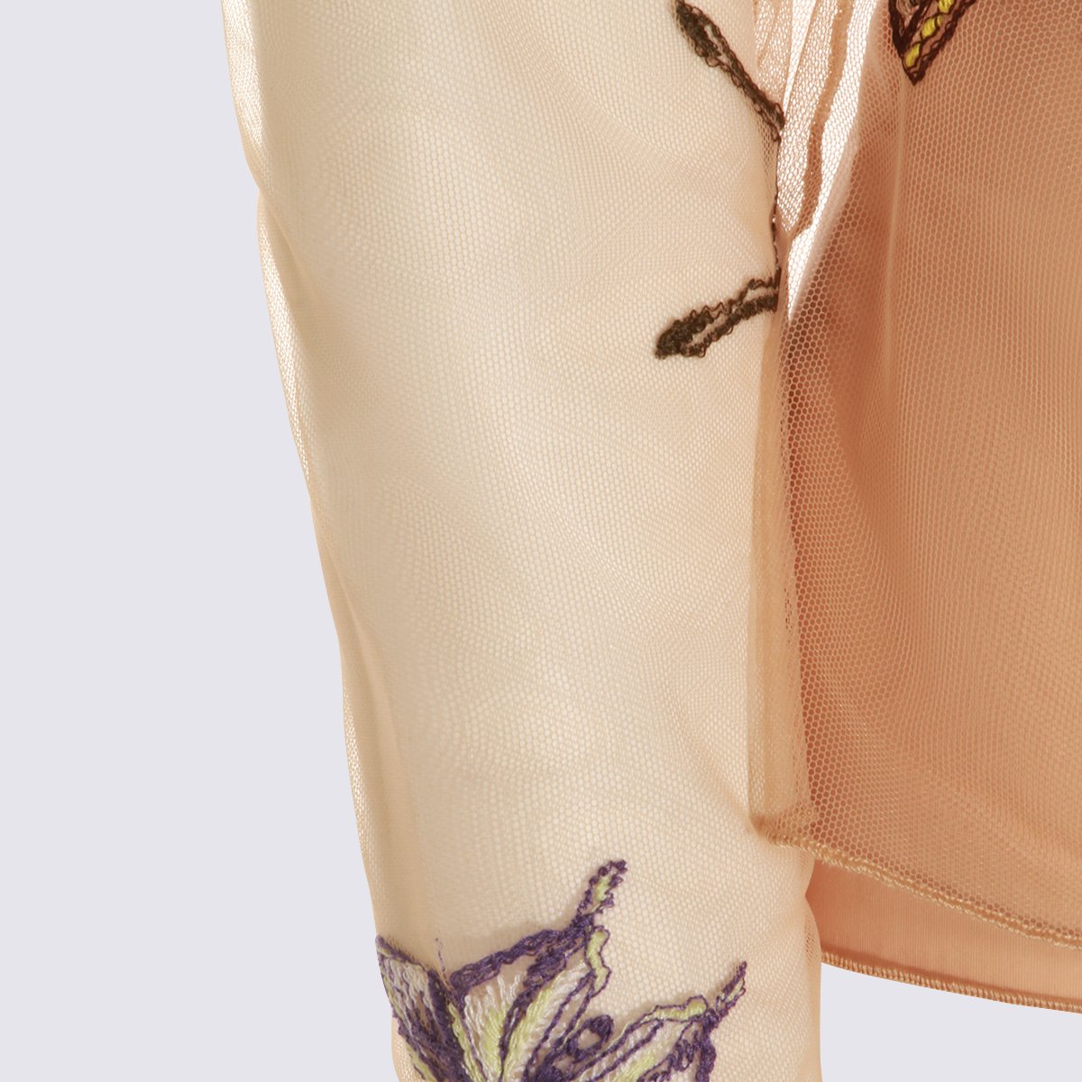 Blumarine Long-Sleeved Sheer Mesh Top with Embroidered Butterflies Neutraal