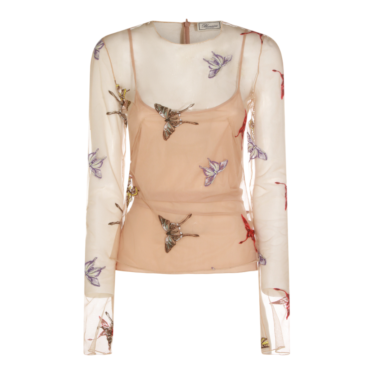 Blumarine Long-Sleeved Sheer Mesh Top with Embroidered Butterflies Neutraal
