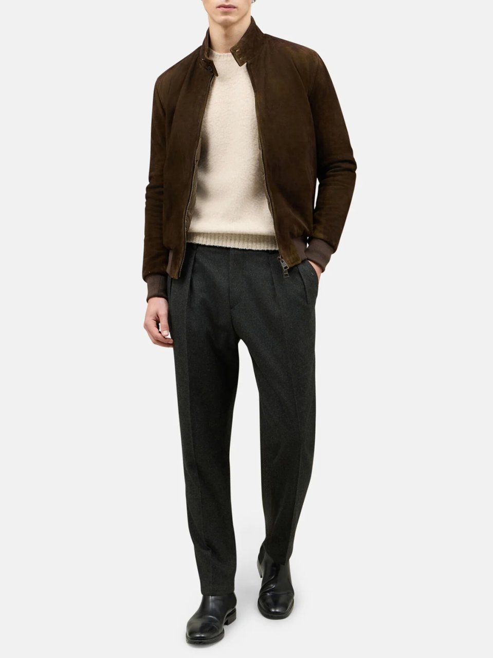 Boglioli Sleek Brown Leather Bomber Jacket with Stand Collar and Minimalist Design Zwart