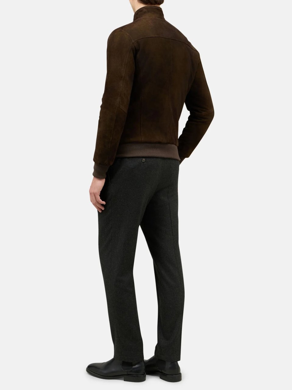 Boglioli Sleek Brown Leather Bomber Jacket with Stand Collar and Minimalist Design Zwart