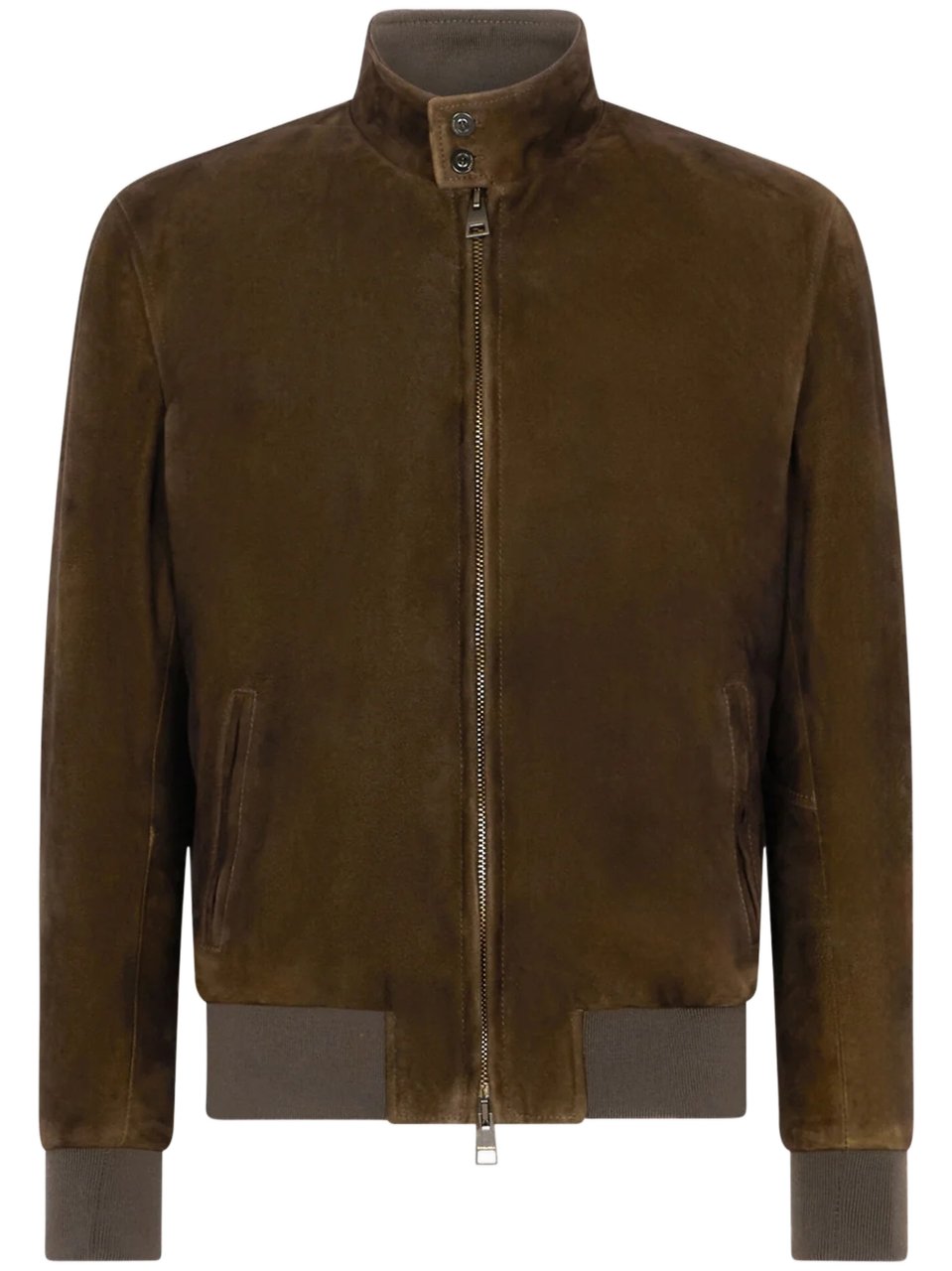 Boglioli Sleek Brown Leather Bomber Jacket with Stand Collar and Minimalist Design Zwart