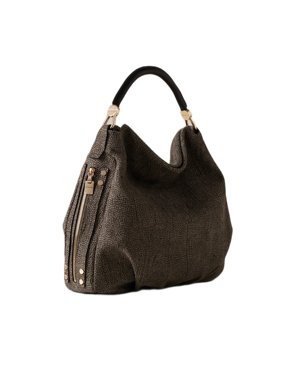Borbonese Textured Brown Handbag With Contrasting Handle And Gold-Tone Accents Zwart