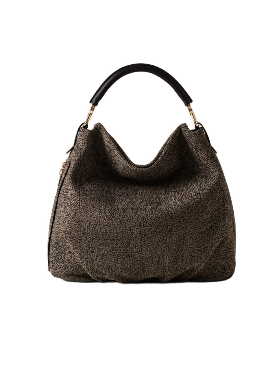 Borbonese Textured Brown Handbag With Contrasting Handle And Gold-Tone Accents Zwart