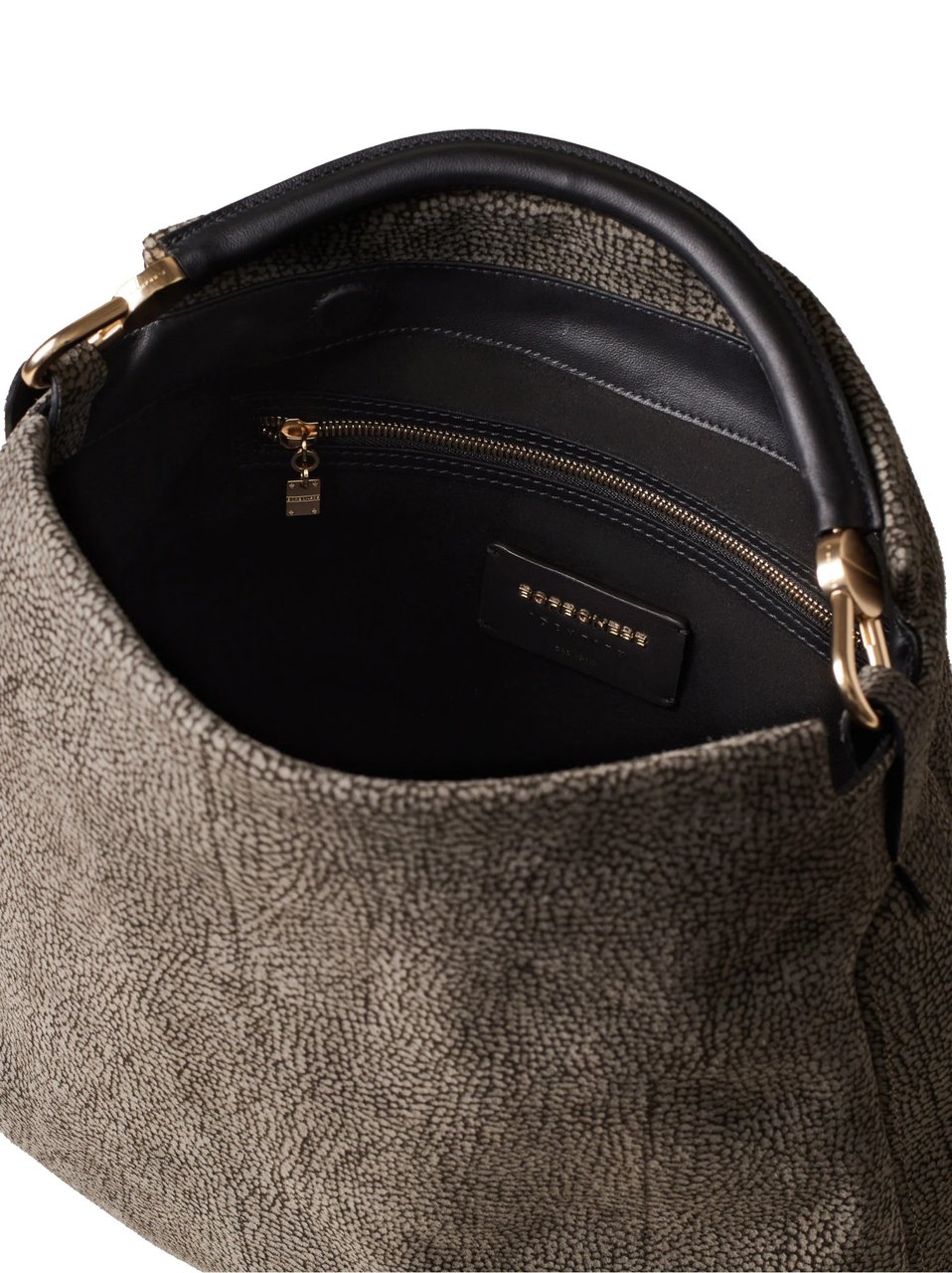 Borbonese Textured Brown Handbag With Contrasting Handle And Gold-Tone Accents Zwart