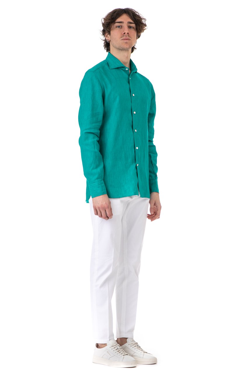 Borriello Napoli Pure Linen Long-Sleeve Shirt with Mother-of-Pearl Buttons Blauw