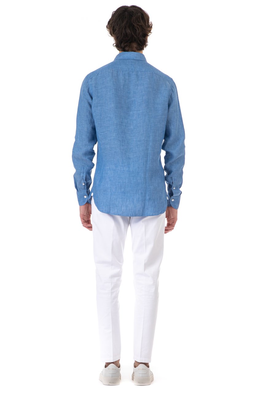 Borriello Napoli Pure Linen Long-Sleeve Shirt with Mother-of-Pearl Buttons Blauw