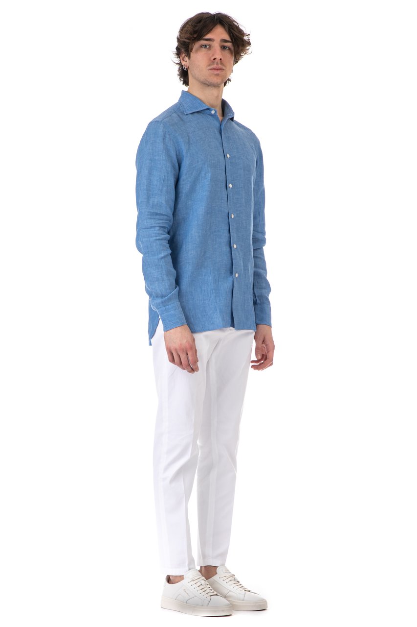Borriello Napoli Pure Linen Long-Sleeve Shirt with Mother-of-Pearl Buttons Blauw