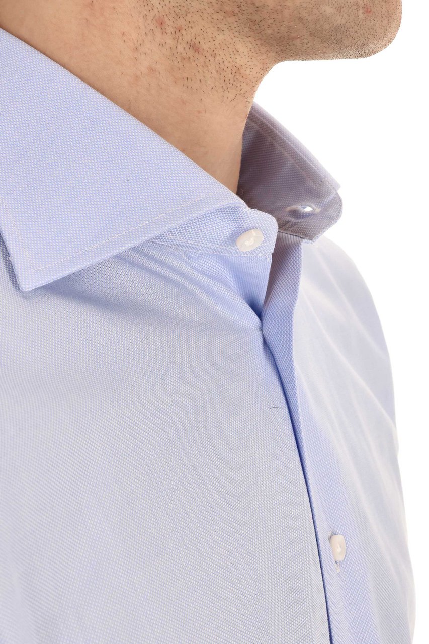 Borriello Napoli Micro Pattern Cotton Tailored Shirt Blauw