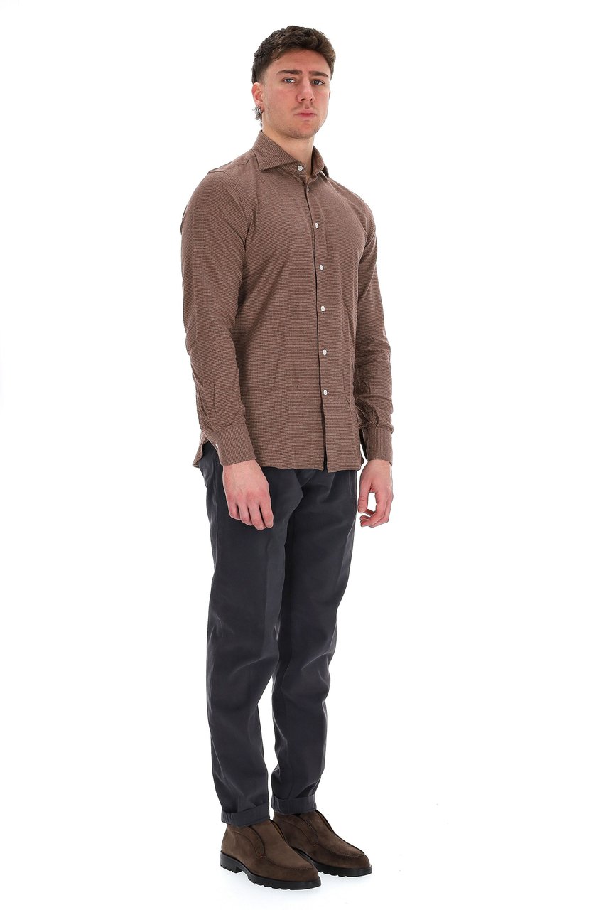 Borriello Napoli Houndstooth Flannel Tailored Shirt Bruin