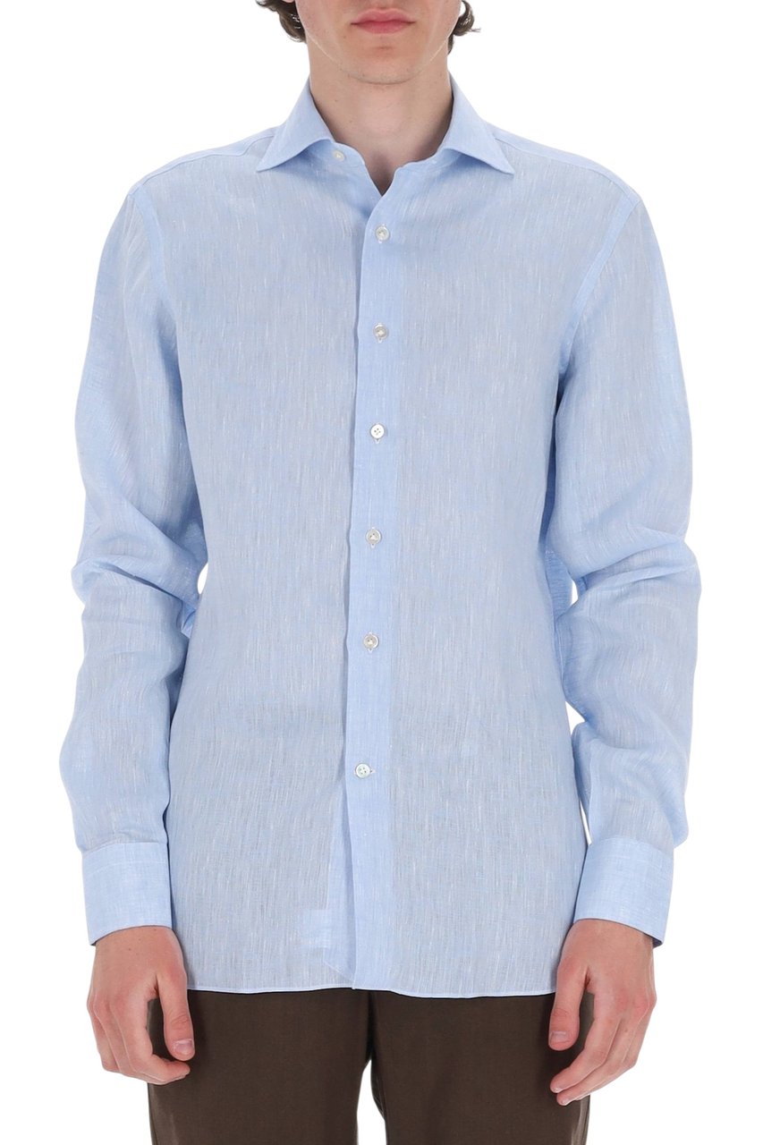 Borriello Napoli Light Blue Pure Linen Casual Shirt Blauw