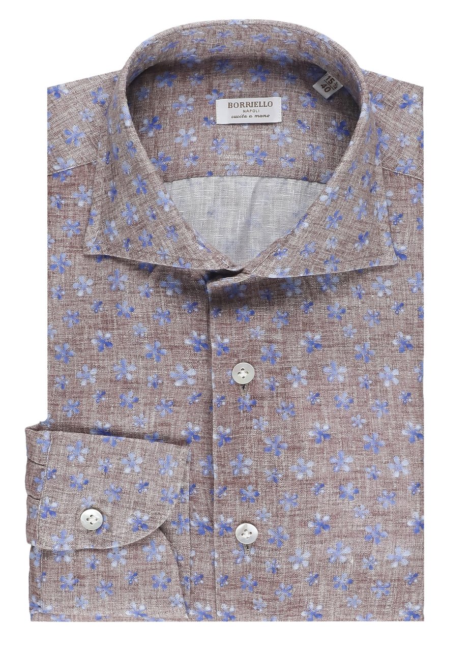 Borriello Napoli Brown Floral Print Linen Shirt Grijs