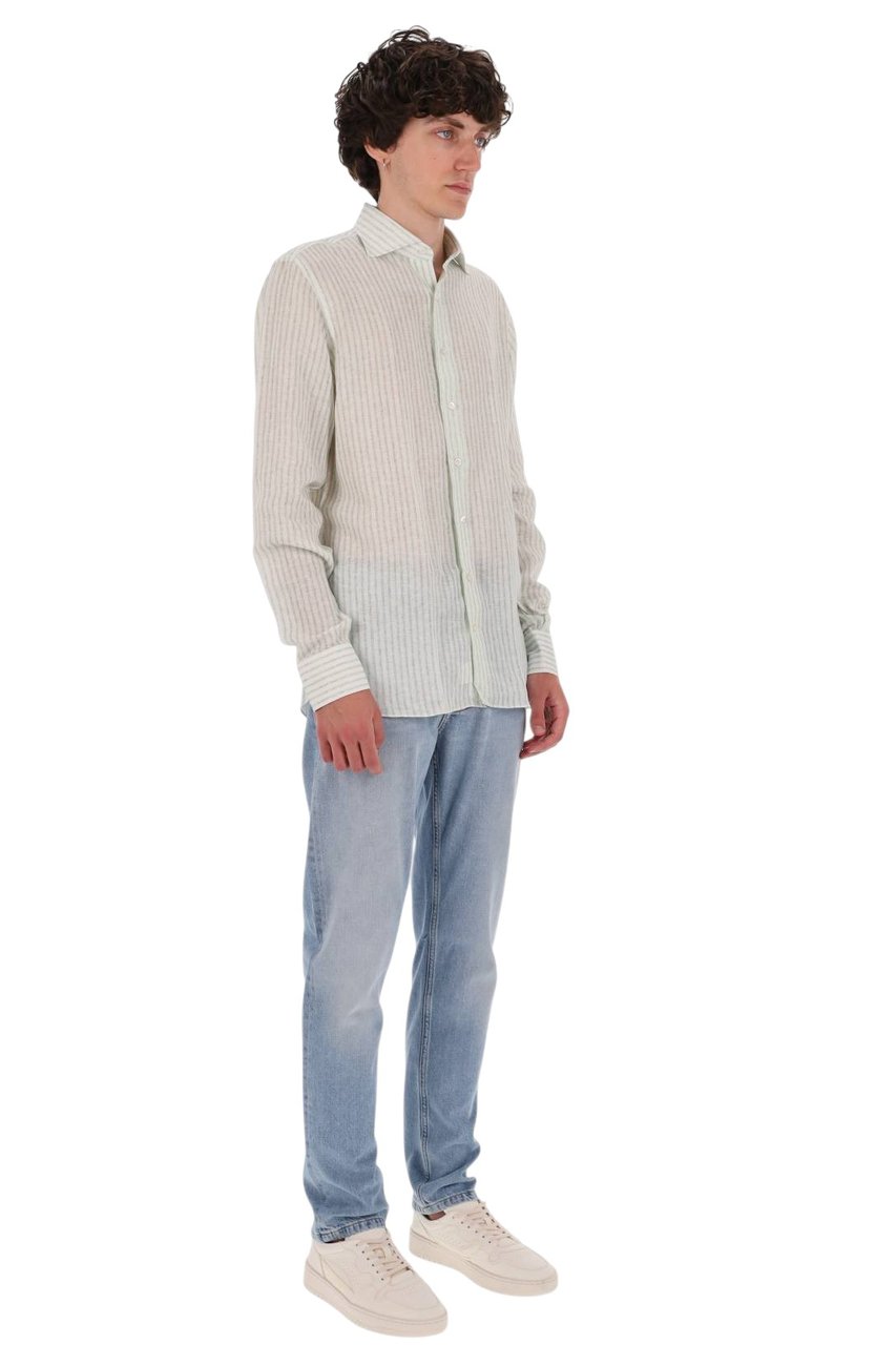 Borriello Napoli White Green Striped Linen Shirt Wit