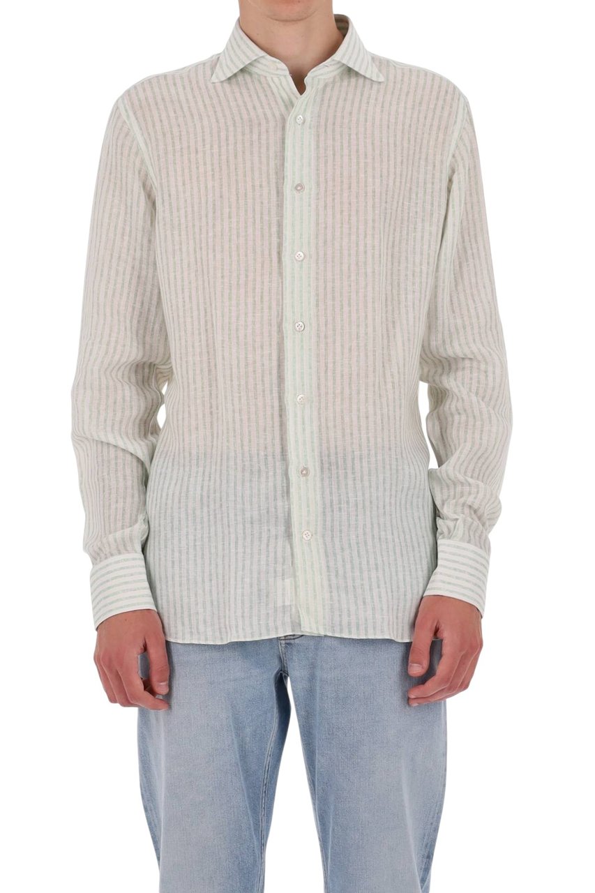 Borriello Napoli White Green Striped Linen Shirt Wit