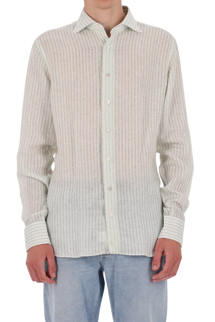 Borriello Napoli White Green Striped Linen Shirt Wit