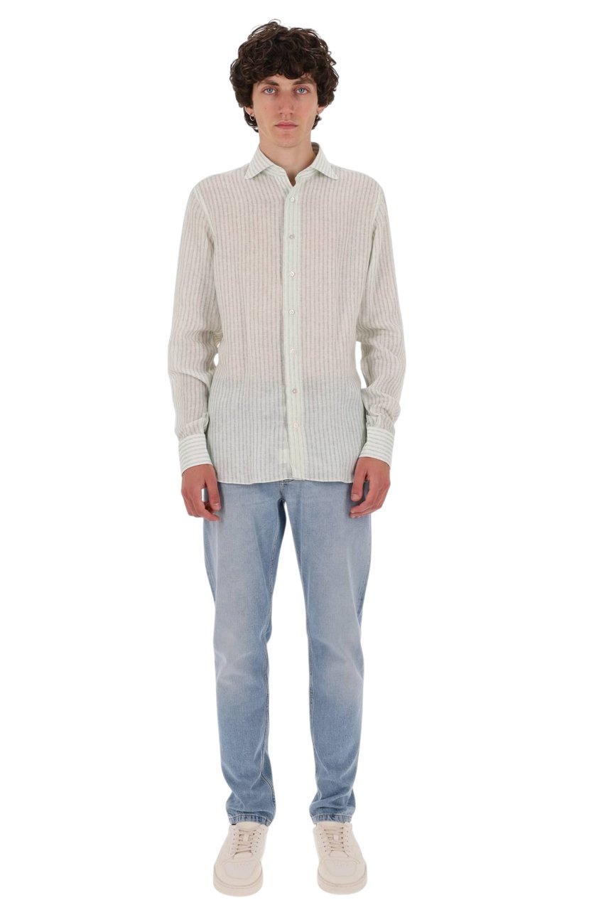 Borriello Napoli White Green Striped Linen Shirt Wit