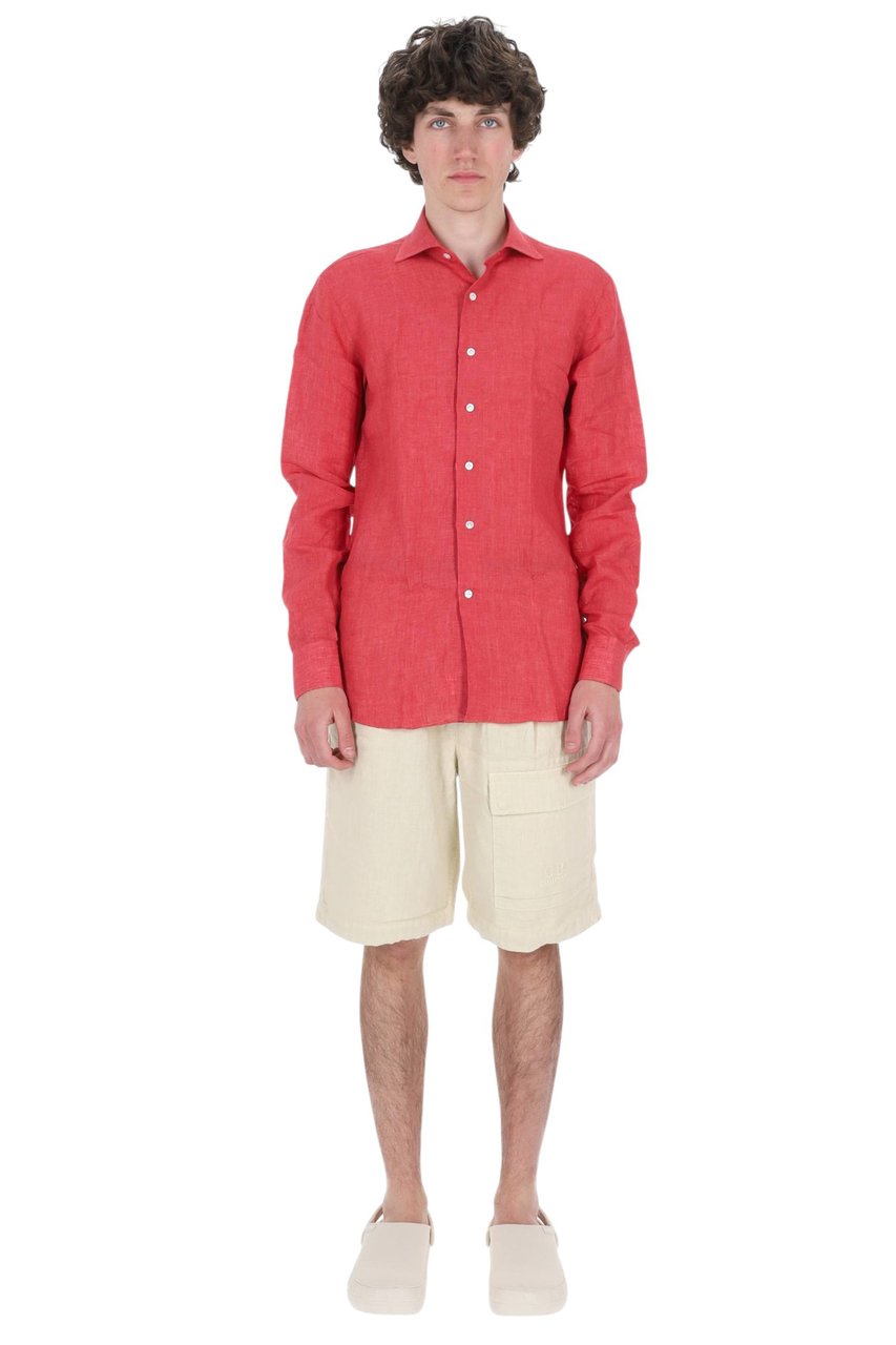 Borriello Napoli Red Pure Linen Casual Shirt Maroon