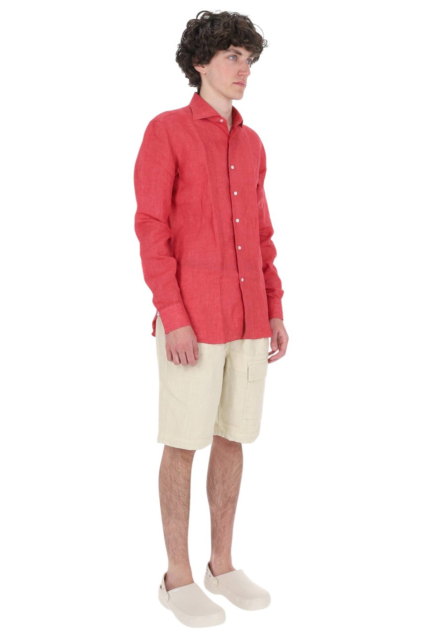 Borriello Napoli Red Pure Linen Casual Shirt Maroon
