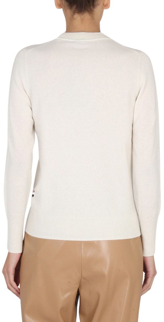 Boss Cashmere Sweater With Cross-Neck Detail Neutraal