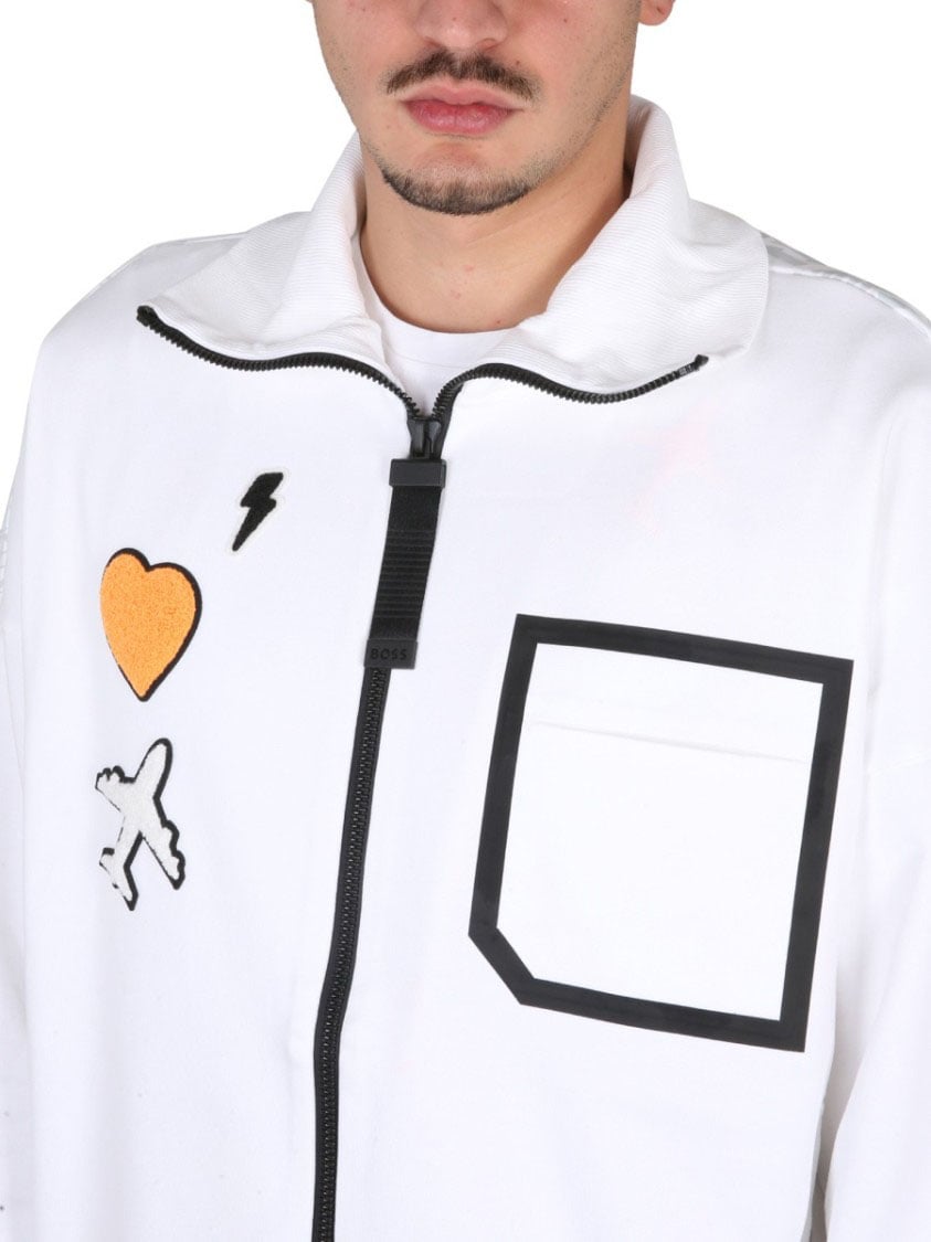 Boss High Neck Cotton Sweatshirt Wit