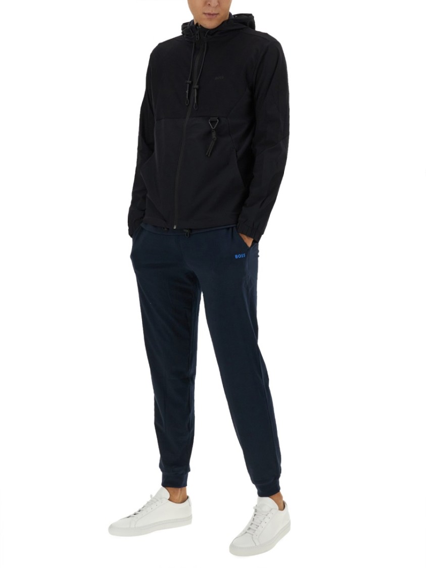 Boss Zip-Up Black Technical Fabric Hooded Sweatshirt Zwart