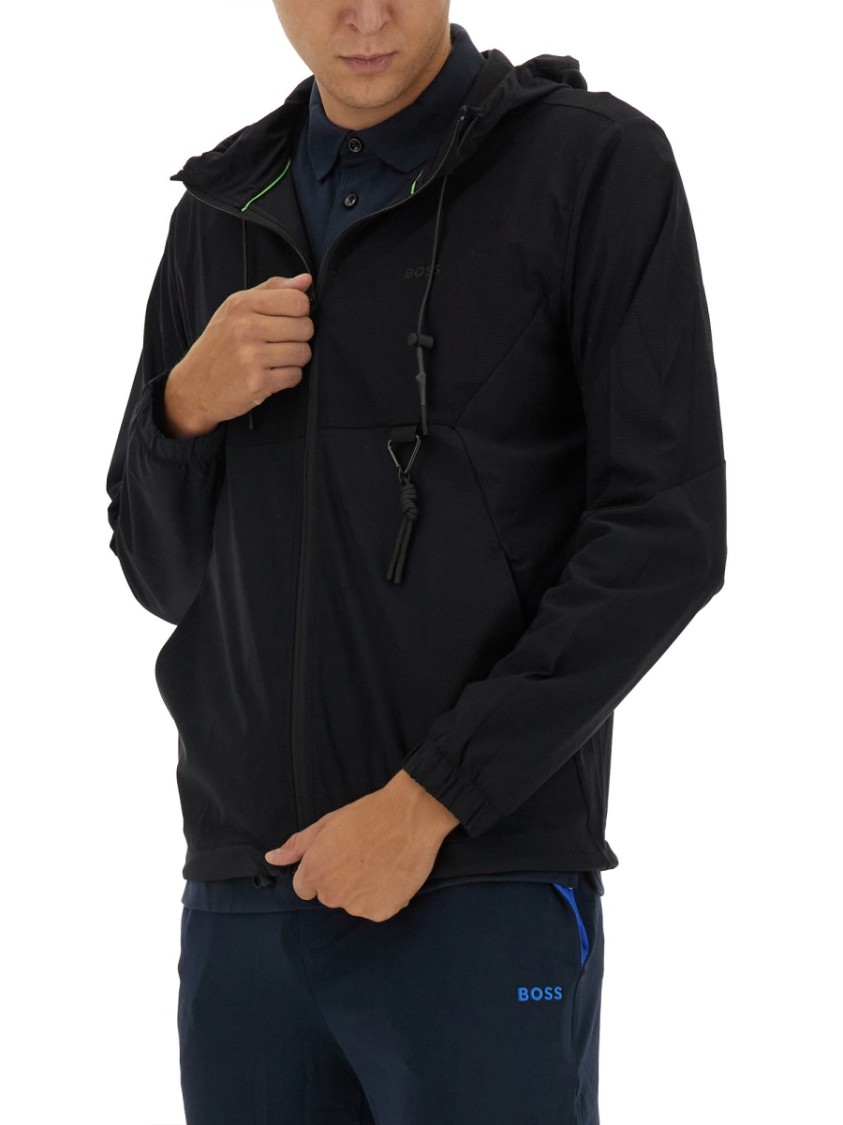 Boss Zip-Up Black Technical Fabric Hooded Sweatshirt Zwart