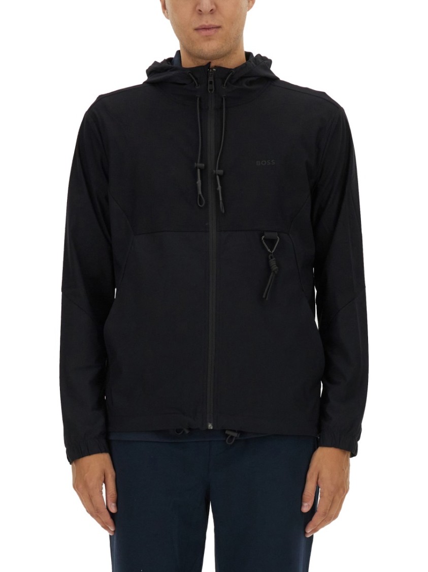 Boss Zip-Up Black Technical Fabric Hooded Sweatshirt Zwart
