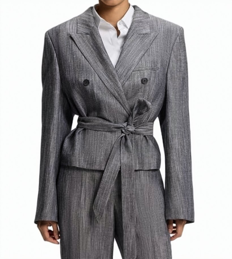 Boss Jelsia Double Breasted Belted Blazer Grijs