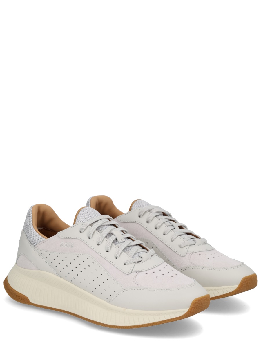 Boss Perforated Leather Mesh Detailing Sneakers Grijs