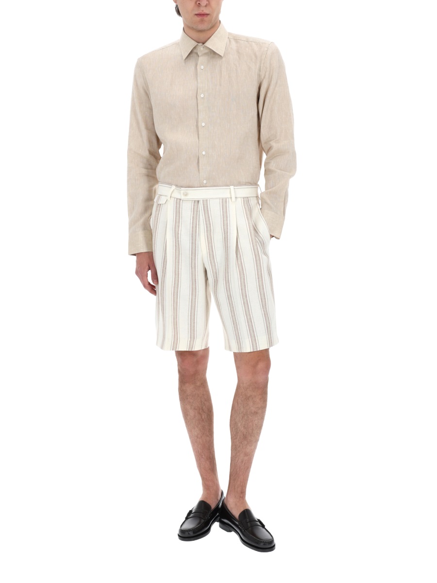 Boss Neutral Vertical Stripes Tailored Linen Shorts Wit