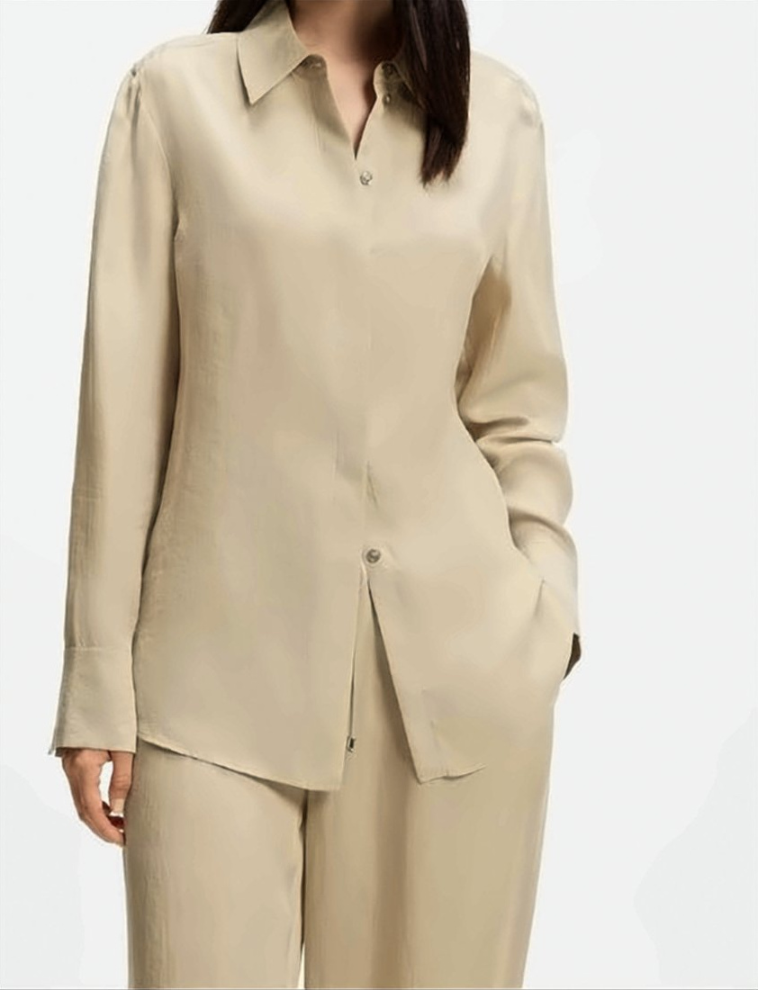 Boss Beige Beruta2 Pointed Collar Hidden Shirt Neutraal