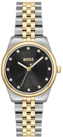 Boss BOSS Horloge HB1502811 Graceful Prec Staal Bi-color Quartz 30m Waterdicht met Zwarte Wijzerplaat 32mm Zilver