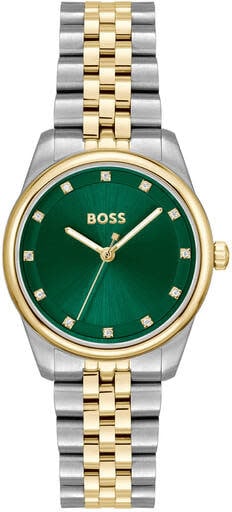 Boss BOSS Horloge HB1502834 Graceful Prec Staal Bi-color Quartz met Groene Wijzerplaat 30m Waterdicht 32mm Divers