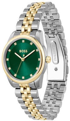Boss BOSS Horloge HB1502834 Graceful Prec Staal Bi-color Quartz met Groene Wijzerplaat 30m Waterdicht 32mm Divers