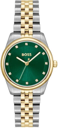 Boss BOSS Horloge HB1502834 Graceful Prec Staal Bi-color Quartz met Groene Wijzerplaat 30m Waterdicht 32mm Divers