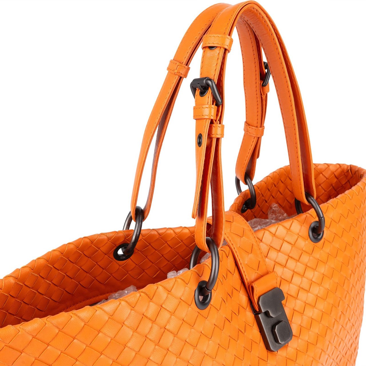 Bottega Veneta Orange Intrecciato Leather Capri Lock Tote Handbag Oranje