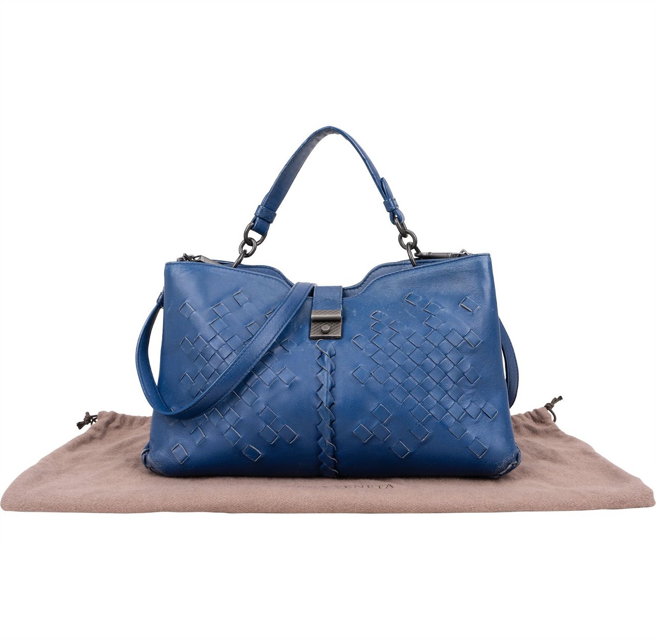 Bottega Veneta Intrecciato Leather Napoli Handbag Blauw