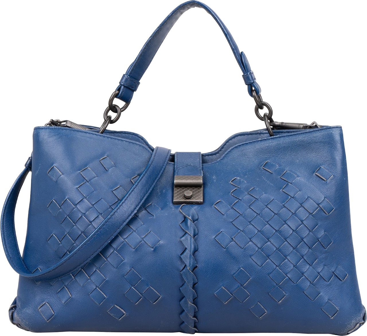 Bottega Veneta Intrecciato Leather Napoli Handbag Blauw