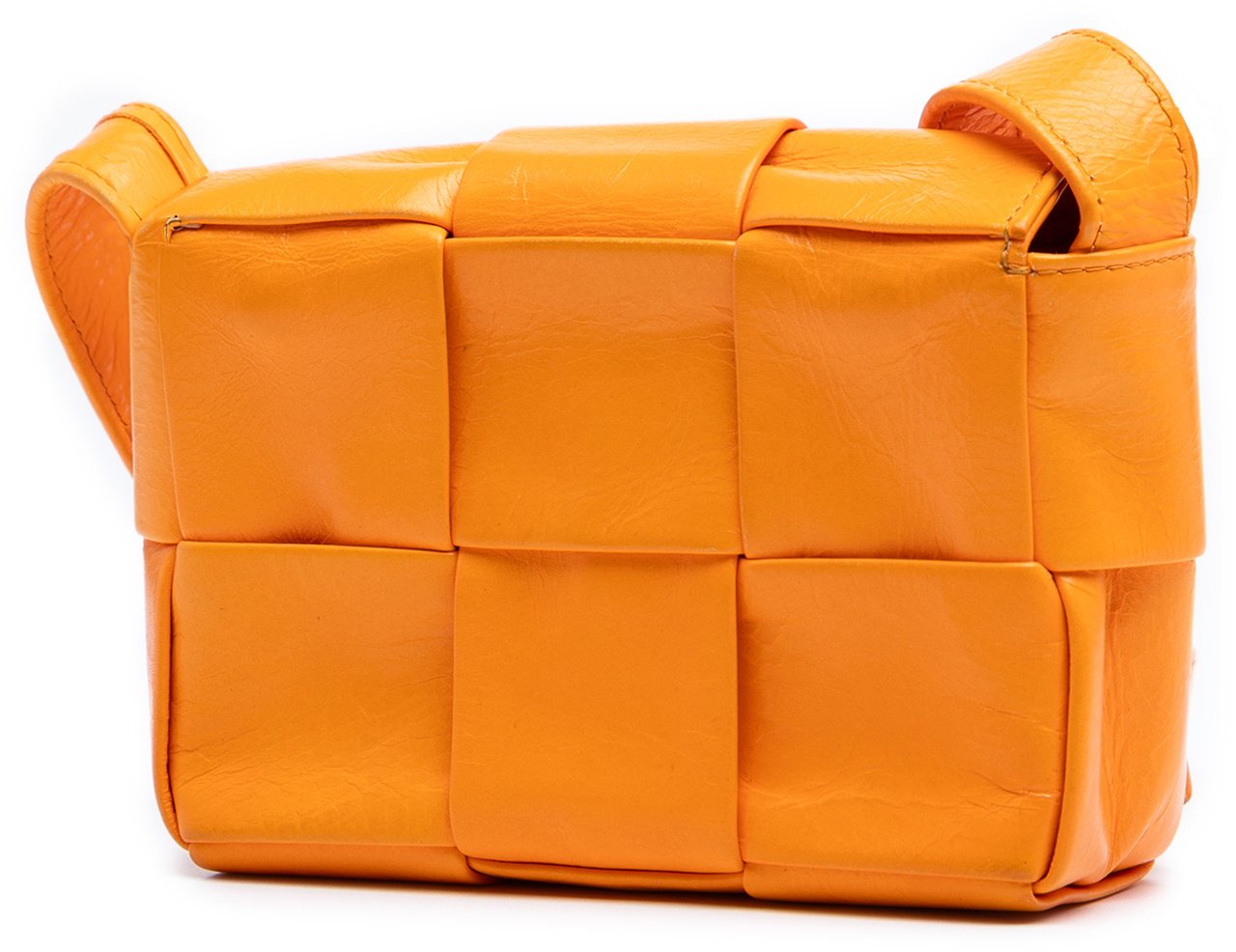 Bottega Veneta Extra Mini Crinkled Lambskin Intrecciato Cassette Crossbody Oranje