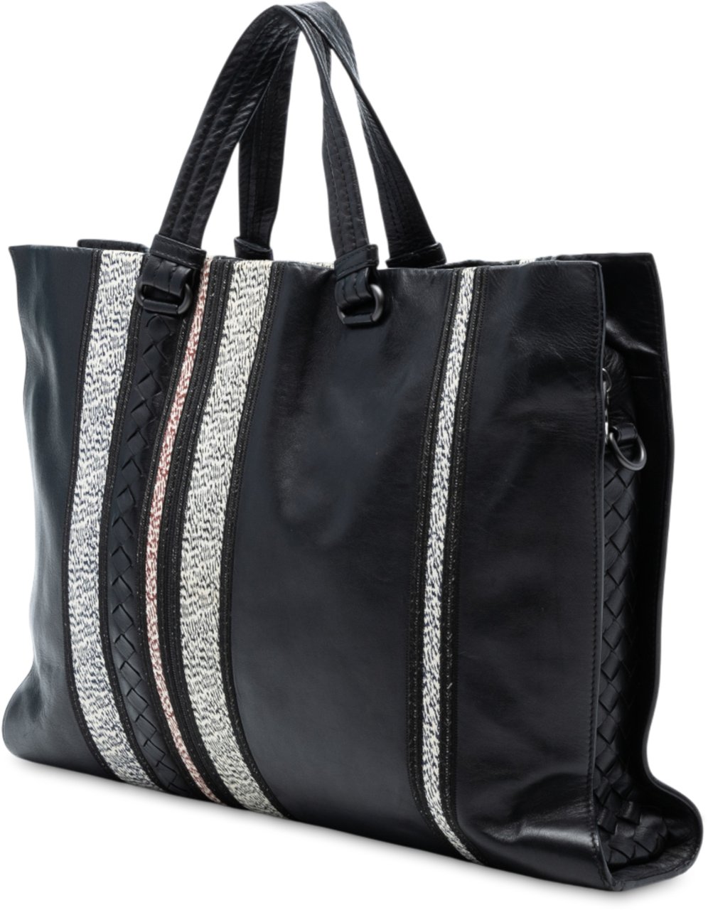 Bottega Veneta Intrecciato Trimmed Nappa Vertical Stripe Tote Zwart
