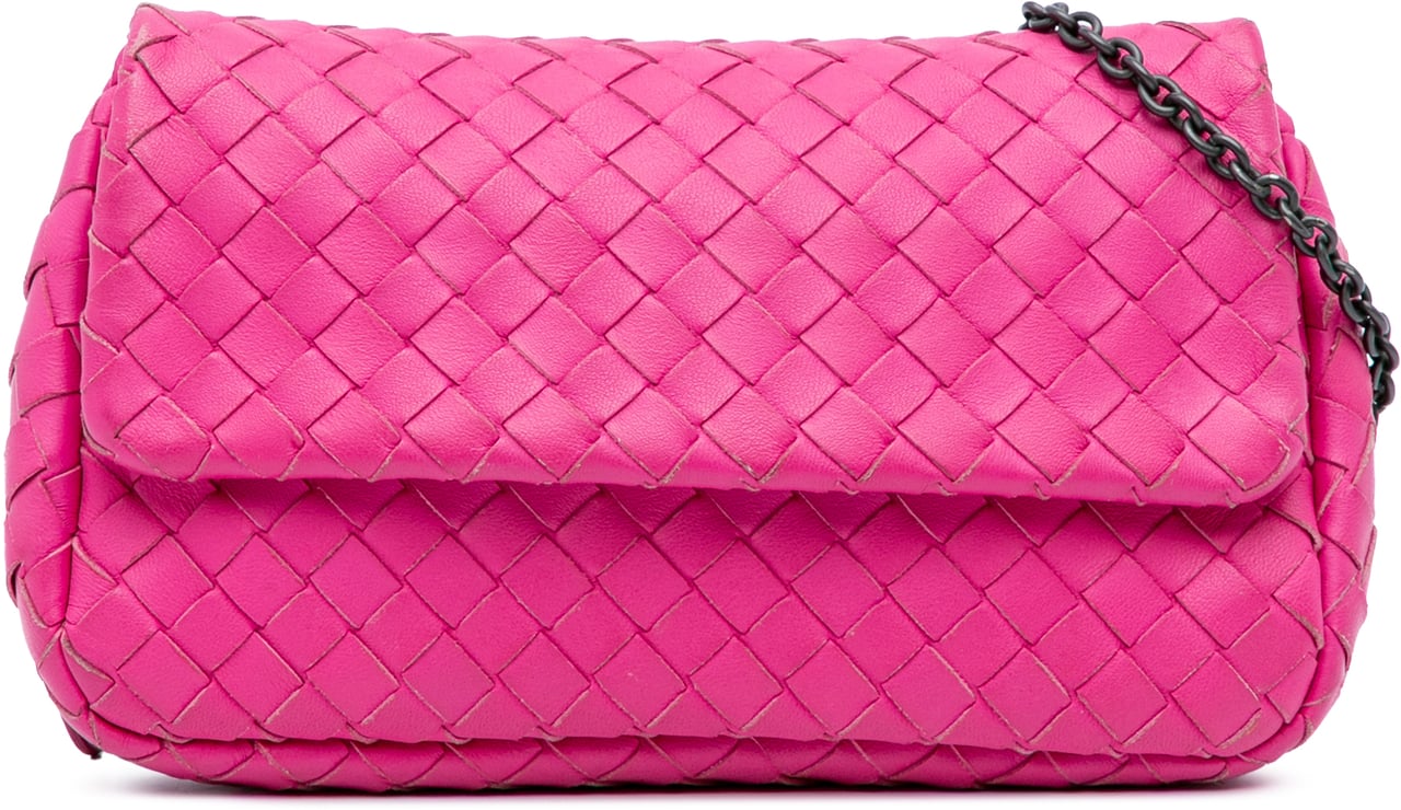 Bottega Veneta Small Calfskin Intrecciomirage Embossed Butterfly Chain Crossbody Roze
