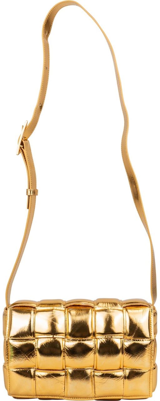 Bottega Veneta Metallic Leather Padded Cassette Crossbody Bag Goud